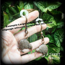 Load image into Gallery viewer, Kiwi bird earrings Ear hangers Ear weights Copper tunnel dangles New Zealand earrings Maori earrings 3mm 4mm Plug earrings Gauged earrings