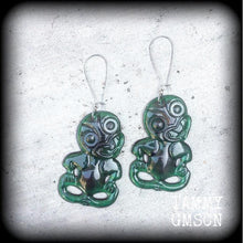 Load image into Gallery viewer, Green tiki earrings Kiwi earrings New Zealand earrings Maori earrings Tumatauenga Tane earrings Tunnel dangles Plug earrings Gauged earrings