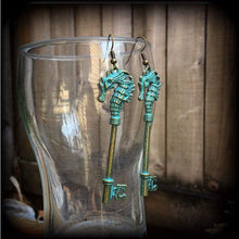 Load image into Gallery viewer, Key earrings Seahorse earrings Patina earrings Nautical earrings Steampunk earrings 3mm plug earrings 6mm tunnel earrings 8mm tunnel dangles