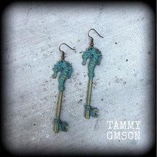 Load image into Gallery viewer, Key earrings Seahorse earrings Patina earrings Nautical earrings Steampunk earrings 3mm plug earrings 6mm tunnel earrings 8mm tunnel dangles