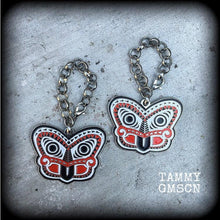 Load image into Gallery viewer, Maori tiki earrings Kiwi earrings New Zealand earrings Ta Moko Polynesian earrings Tumatauenga Tane earrings Tunnel dangles Plug earrings