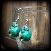 Load image into Gallery viewer, Frog earrings Cute earrings Pet earrings Wood earrings Animal earrings Dangle earrings Japanese earrings 2g Plug dangles 3mm Tunnel dangles