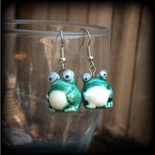 Load image into Gallery viewer, Frog earrings Cute earrings Pet earrings Wood earrings Animal earrings Dangle earrings Japanese earrings 2g Plug dangles 3mm Tunnel dangles