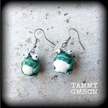 Load image into Gallery viewer, Frog earrings Cute earrings Pet earrings Wood earrings Animal earrings Dangle earrings Japanese earrings 2g Plug dangles 3mm Tunnel dangles