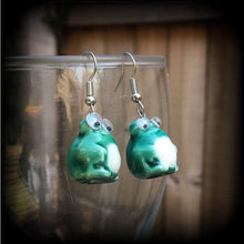 Load image into Gallery viewer, Frog earrings Cute earrings Pet earrings Wood earrings Animal earrings Dangle earrings Japanese earrings 2g Plug dangles 3mm Tunnel dangles