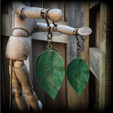 Load image into Gallery viewer, Leaf earrings Plant earrings Plug dangles Statement earrings Dangle earrings Artemis earrings Nature earrings Bronze Tunnel earrings Plugs