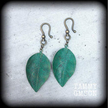 Load image into Gallery viewer, Leaf earrings Plant earrings Plug dangles Statement earrings Dangle earrings Artemis earrings Nature earrings Bronze Tunnel earrings Plugs