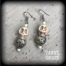 Load image into Gallery viewer, Skull earrings Voodoo earrings Loa jewelry Erzulie earrings Skull jewelry Los Muertos jewelry Heart earrings Tunnel earrings Plug dangles