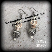 Load image into Gallery viewer, Skull earrings Voodoo earrings Loa jewelry Erzulie earrings Skull jewelry Los Muertos jewelry Heart earrings Tunnel earrings Plug dangles