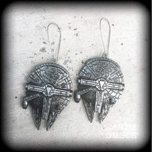 Load image into Gallery viewer, Star Wars earrings Sci Fi earrings Space ship earrings Nerd earrings Tunnel earrings Plug earrings Kidney hooks Pierced ears Leverback hooks
