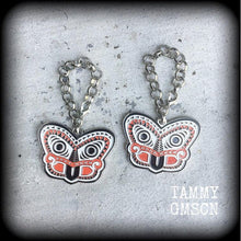 Load image into Gallery viewer, Maori tiki earrings Kiwi earrings New Zealand earrings Ta Moko Polynesian earrings Tumatauenga Tane earrings Tunnel dangles Plug earrings