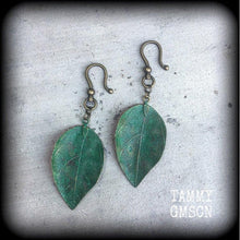 Load image into Gallery viewer, Leaf earrings Plant earrings Plug dangles Statement earrings Dangle earrings Artemis earrings Nature earrings Bronze Tunnel earrings Plugs