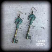 Load image into Gallery viewer, Key earrings Seahorse earrings Patina earrings Nautical earrings Steampunk earrings 3mm plug earrings 6mm tunnel earrings 8mm tunnel dangles