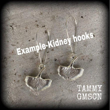 Load image into Gallery viewer, Ginko earrings Leaf earrings Goddess jewelry Nature jewelry Plug earrings Silver earrings Gauged earrings 6mm tunnel dangles 8mm plug dangle