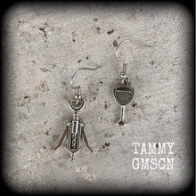 Load image into Gallery viewer, Wine earrings Wine glass earrings Corkscrew earrings Alcohol earrings Dangle earrings Wine lovers earrings Kidney hooks Leverback hook Grape