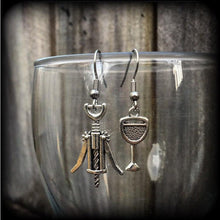 Load image into Gallery viewer, Wine earrings Wine glass earrings Corkscrew earrings Alcohol earrings Dangle earrings Wine lovers earrings Kidney hooks Leverback hook Grape