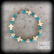 Load image into Gallery viewer, Halloween bracelet Frost Bite jewelry Horror jewelry Skull bracelet Inverted Cross bracelet Gothic bracelet Stone bracelet Skull jewelry Emo