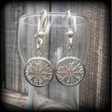 Load image into Gallery viewer, 6mm 2 gauge Nordic wheel earrings Vegvisir Viking Norse Compass ear hangers Asatru Rune Tunnel earrings Thor Pagan earrings Plug earrings