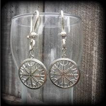 Load image into Gallery viewer, 6mm 2 gauge Nordic wheel earrings Vegvisir Viking Norse Compass ear hangers Asatru Rune Tunnel earrings Thor Pagan earrings Plug earrings