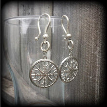 Load image into Gallery viewer, 6mm 2 gauge Nordic wheel earrings Vegvisir Viking Norse Compass ear hangers Asatru Rune Tunnel earrings Thor Pagan earrings Plug earrings