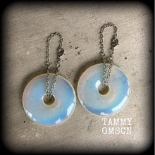 Load image into Gallery viewer, Opalite earrings Moonstone earrings Statement earrings Opalite jewelry Tunnel earrings Plug earrings Weights for stretching with Gauges 6g
