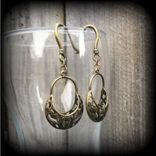 Load image into Gallery viewer, Dangle earrings Ear hangers Vintage earrings Victorian earrings Antique bronze  3mm 8 gauge 4mm Tunnel earrings Tunnel dangles Plug dangles