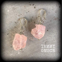 Load image into Gallery viewer, Rose quartz tunnel earrings 3mm plug dangles Crystal earrings Pink gemstone earrings 8 gauge ear hangers 6 guage ear weights Gauged earrings