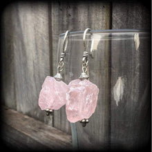 Load image into Gallery viewer, Rose quartz tunnel earrings 3mm plug dangles Crystal earrings Pink gemstone earrings 8 gauge ear hangers 6 guage ear weights Gauged earrings