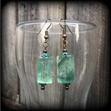 Load image into Gallery viewer, Flourite earrings Gemstone Crystal Stone Dagon Boho Verdigris Patina Bronze Tunnel earrings Tunnel dangles Plug earrings Gauged earrings