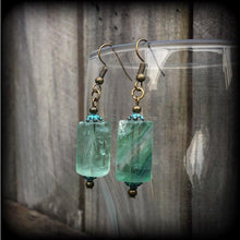 Load image into Gallery viewer, Flourite earrings Gemstone Crystal Stone Dagon Boho Verdigris Patina Bronze Tunnel earrings Tunnel dangles Plug earrings Gauged earrings