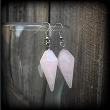 Load image into Gallery viewer, Rose Quartz earrings Gemstone earrings Pendulum earrings Dangle earrings Boho earrings Crystal earrings Tunnel earrings Plug earrings Gauges