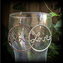 Load image into Gallery viewer, Love earrings Hoop earrings Big earrings Statement earrings Tunnel dangles Plug dangles Ear hangers Gauged earrings Word earrings Gauges 8g