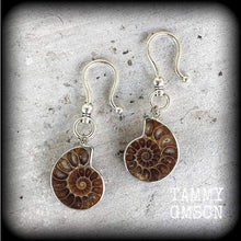 Load image into Gallery viewer, 00 gauge 0 gauge 2 gauge ear weights Ammonite 6mm ear hangers Fossil ear weights Plug earrings Gauged earrings Plug dangles Hanging gauges