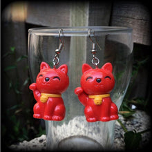 Load image into Gallery viewer, Maneki Neko earrings Lucky cat Beckoning cat Cat charms Good fortune cat Happy Cat earrings Kawaii earrings Tunnel earrings Plug earrings