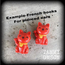 Load image into Gallery viewer, Maneki Neko earrings Lucky cat Beckoning cat Cat charms Good fortune cat Happy Cat earrings Kawaii earrings Tunnel earrings Plug earrings