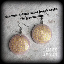 Load image into Gallery viewer, Rose Quartz ear weights Flower of Life Ear hangers Tunnel dangles Sacred Geometry Geometric Plug dangles Gauges Gauged earrings 00g 0g 2g