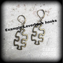 Load image into Gallery viewer, Austism earrings Jigsaw earrings Puzzle piece earrings 4mm ear hangers 3mm Tunnel earrings Gamer earrings Nerd earrings 5mm 4g plug earrings