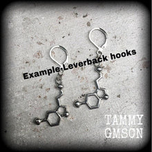 Load image into Gallery viewer, Serotonin earrings Molecule earrings Science earrings Chemical earrings Science jewelry Nerd gifts 3mm tunnel earrings 4mm 6mm plug dangles