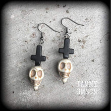 Load image into Gallery viewer, Voodoo Earrings Skull Earrings Baron Samedi Stone Skull Loa Day of the dead Halloween Inverted Cross Black skull Gauged earrings 2g 4g 6g