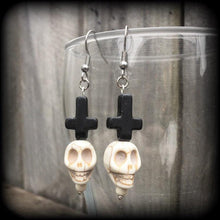 Load image into Gallery viewer, Voodoo Earrings Skull Earrings Baron Samedi Stone Skull Loa Day of the dead Halloween Inverted Cross Black skull Gauged earrings 2g 4g 6g