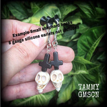 Load image into Gallery viewer, Voodoo Earrings Skull Earrings Baron Samedi Stone Skull Loa Day of the dead Halloween Inverted Cross Black skull Gauged earrings 2g 4g 6g