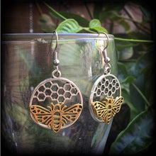 Load image into Gallery viewer, Bee earrings Bee hive earrings Hexagon earrings Geometric earrings Insect Tunnel earrings Plug earrings Hanging gauges Tunnel dangles Plugs