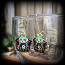 Load image into Gallery viewer, Cat earrings Crazy Cat Lady earrings Folk art earrings Teapot earrings Animal earrings Quirky earrings Kidney hooks Leverback hook earrings