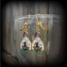 Load image into Gallery viewer, Day of the Dead Cat earrings Tunnel Plug earrings Crazy Cat Lady earrings Witches familiar Feline jewelry Animal earrings Quirky earrings