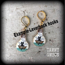 Load image into Gallery viewer, Day of the Dead Cat earrings Tunnel Plug earrings Crazy Cat Lady earrings Witches familiar Feline jewelry Animal earrings Quirky earrings