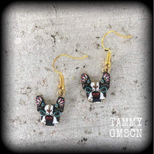 Load image into Gallery viewer, Dog earrings Day of the Dead earrings French bulldog Canine jewelry Animal earrings Quirky earrings Kidney hooks Leverback hook earrings