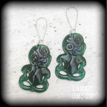 Load image into Gallery viewer, Green tiki earrings Kiwi earrings New Zealand earrings Maori earrings Tumatauenga Tane earrings Tunnel dangles Plug earrings Gauged earrings