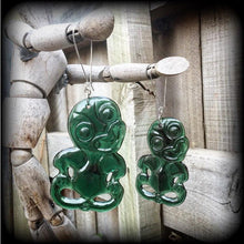 Load image into Gallery viewer, Green tiki earrings Kiwi earrings New Zealand earrings Maori earrings Tumatauenga Tane earrings Tunnel dangles Plug earrings Gauged earrings