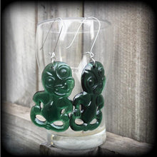 Load image into Gallery viewer, Green tiki earrings Kiwi earrings New Zealand earrings Maori earrings Tumatauenga Tane earrings Tunnel dangles Plug earrings Gauged earrings