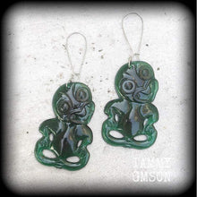 Load image into Gallery viewer, Green tiki earrings Kiwi earrings New Zealand earrings Maori earrings Tumatauenga Tane earrings Tunnel dangles Plug earrings Gauged earrings
